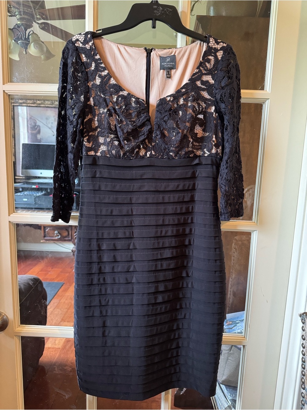 Adrianna Papell Black Lace Overlay Sheath Dress with Nude Lining